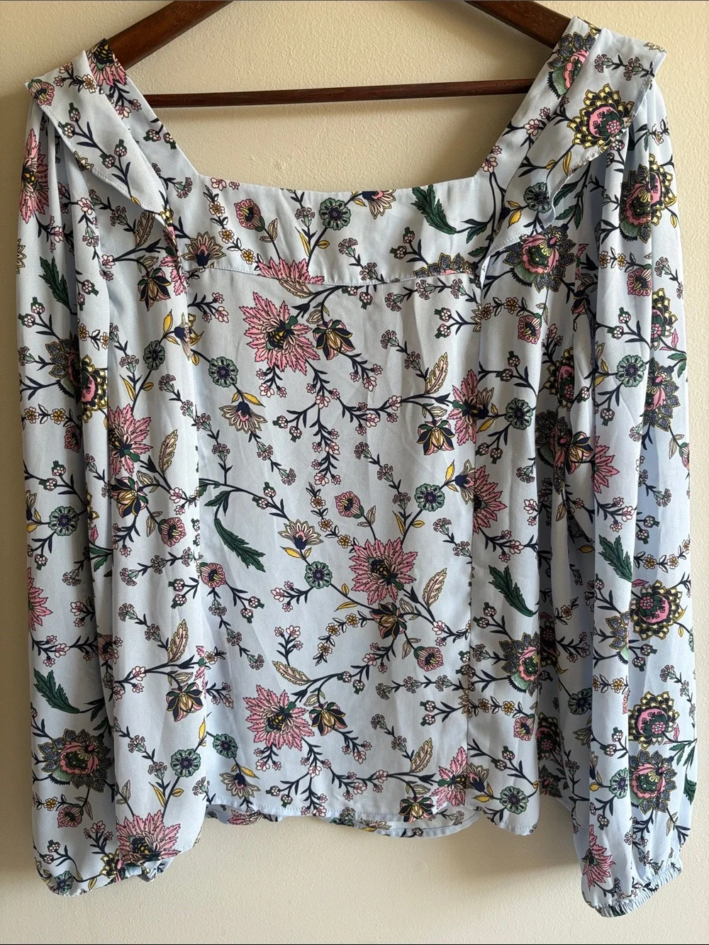 Banana Republic Floral Puff Sleeve Square Neck Blouse Blue Pink‎ Large